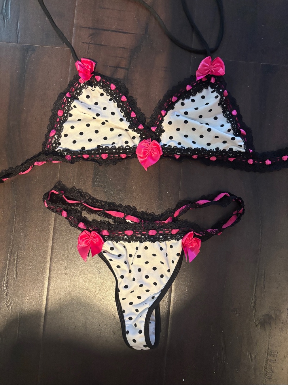 Y2K vintage electric lingerie Polka Dot Lace Bralette & Thong Set Hot Pink Bow